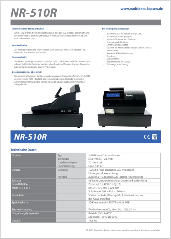 SAM4S NR-500 Registrierkasse mit Hubtastatur – Ansicht 5