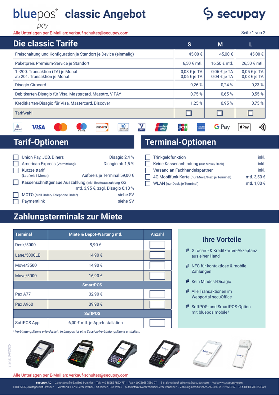 Secupay bluepos pay classic – Angebot 2026, Seite 1: Tarife und Terminalmiete