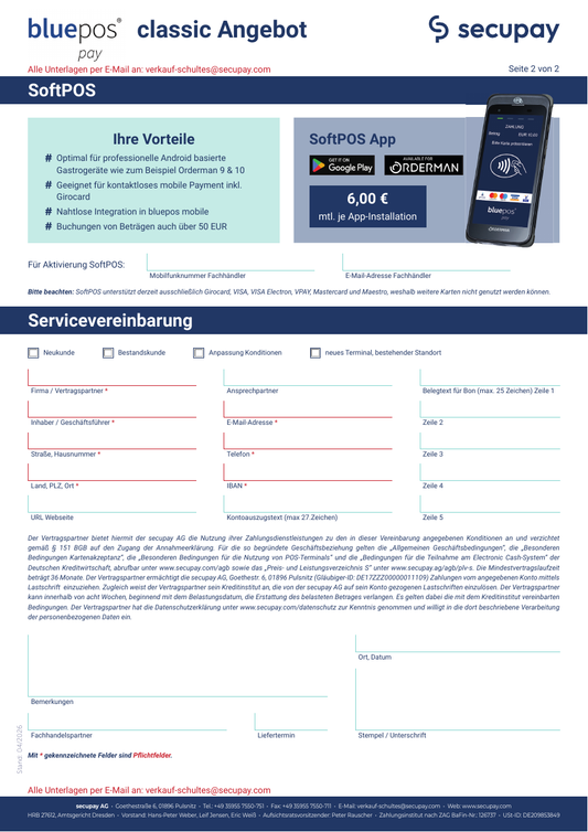 Secupay bluepos pay classic – Angebot 2026, Seite 2: Servicevereinbarung