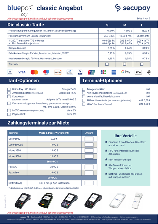 Secupay bluepos pay classic – Angebot 2026, Seite 1: Tarife und Terminalmiete