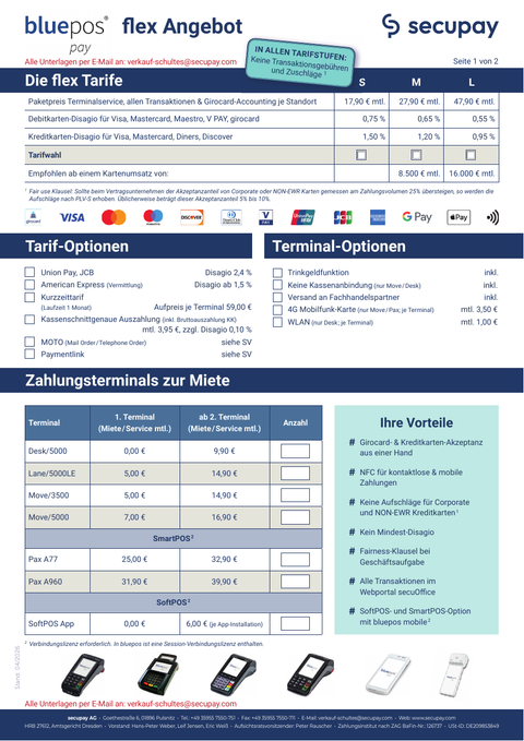 Secupay bluepos pay flex – Angebot 2026, Seite 1: Tarife und Terminalmiete