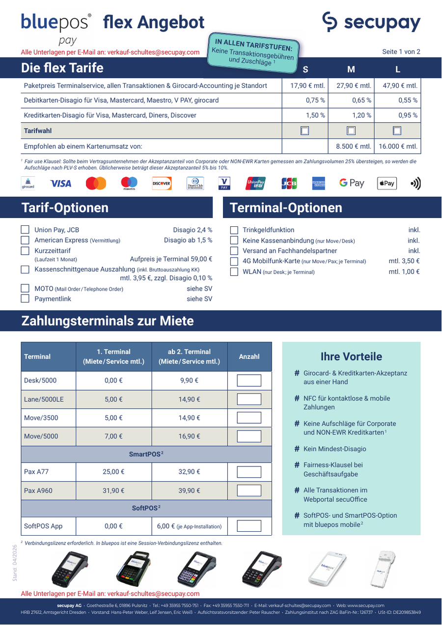 Secupay bluepos pay flex – Angebot 2026, Seite 1: Tarife und Terminalmiete
