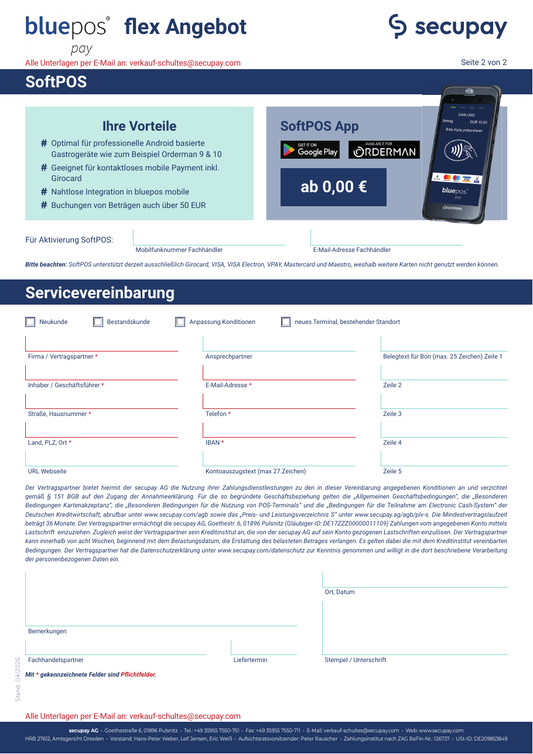 Secupay bluepos pay flex – Angebot 2026, Seite 2: Servicevereinbarung